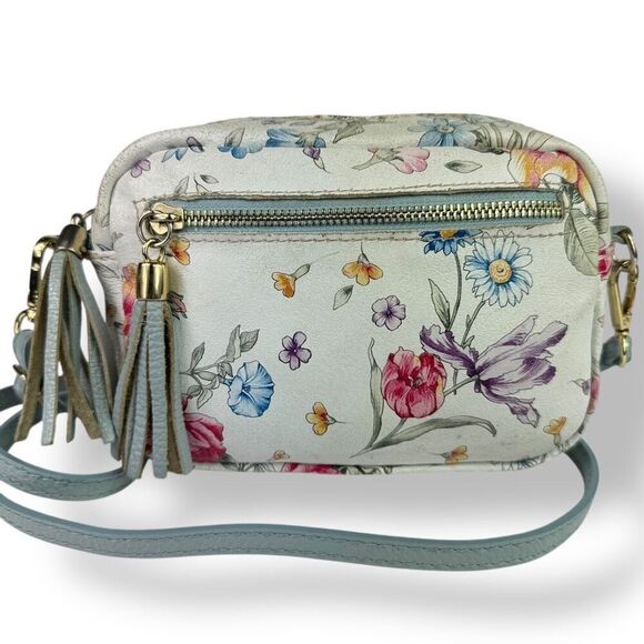 Firenze Italy Italian Handmade Hand Painted Floral Crossbody Bag White Leather - Picture 3 of 12